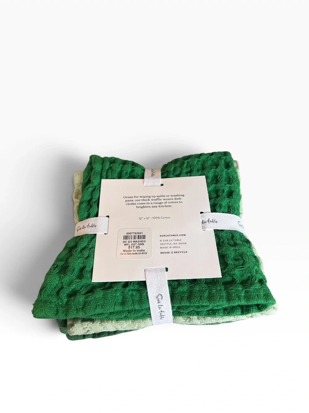 Sur La Table NWT Washed Waffle-Weave  Dishcloths, Set/3 in shades of green